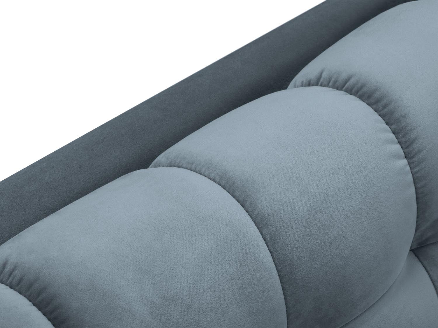 Stylisches Mamaia Velour Ecksofa links in sanftem Hellblau und elegantem Schwarz, ideal für stilvolle und komfortable Wohnräume. 5-Sitzer von Micadoni.