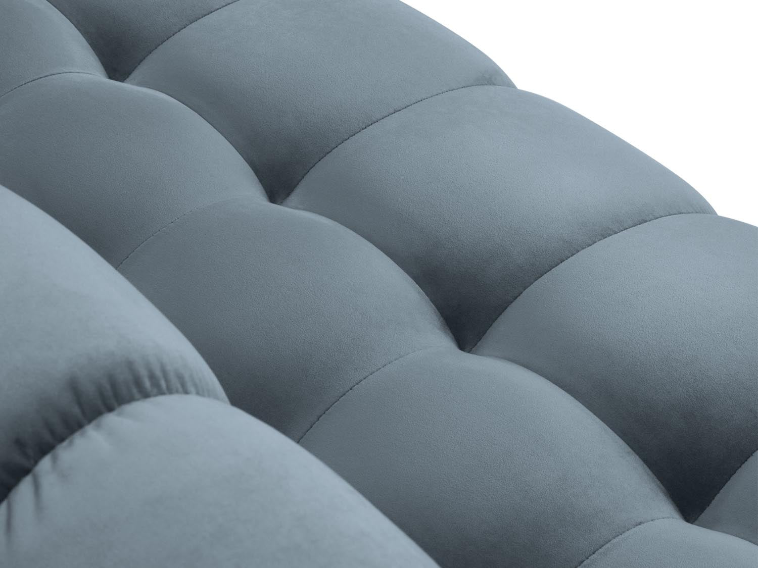 Elegantes Mamaia Velour Ecksofa links in sanftem Hellblau und Schwarz, perfekt für moderne Wohnräume. 5-Sitzer von Micadoni.
