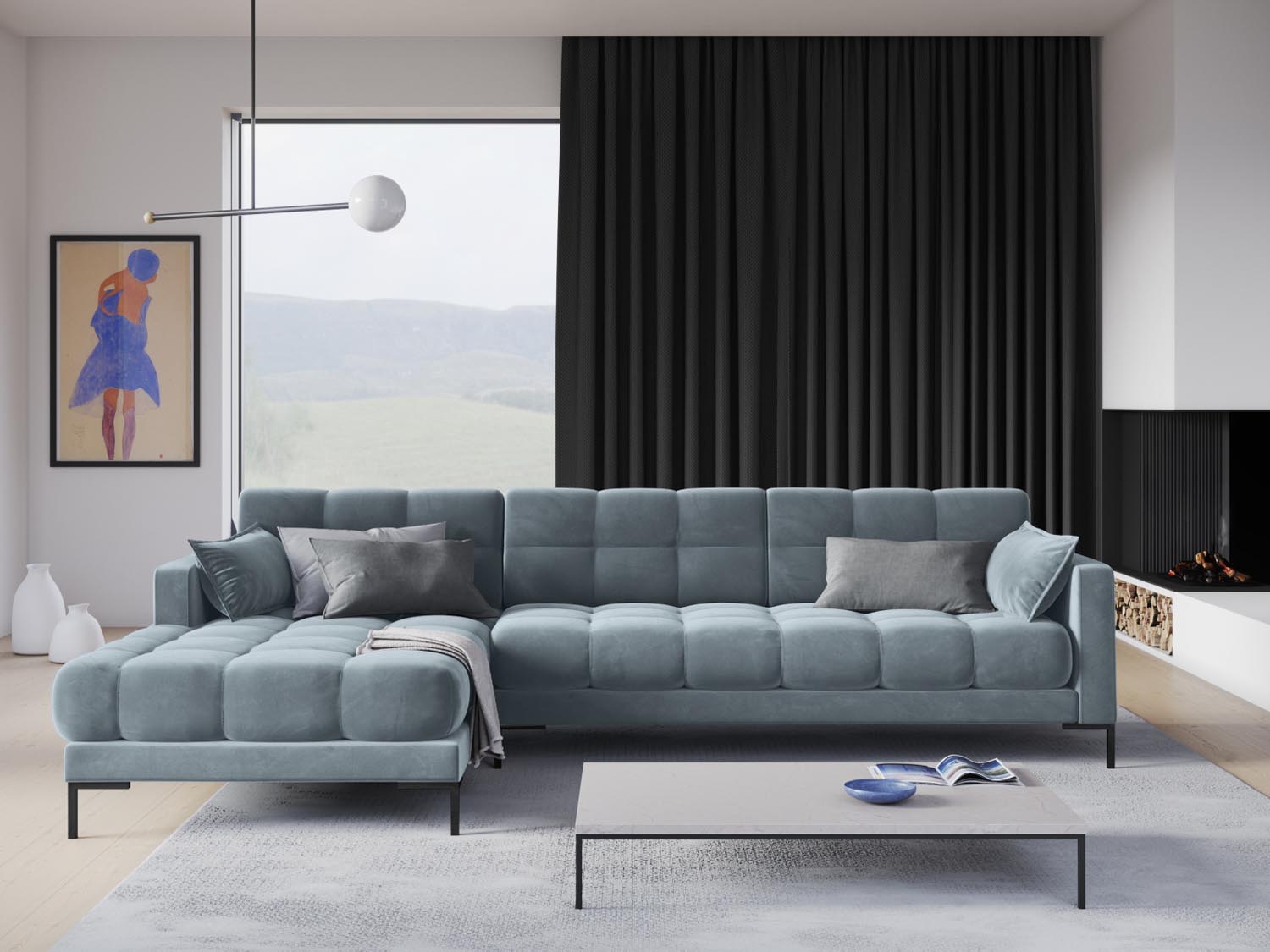 Entdecken Sie das stilvolle Mamaia Velour Ecksofa links von Micadoni – ein elegantes 5-Sitzer Sofa, das Komfort und modernes Design vereint.
