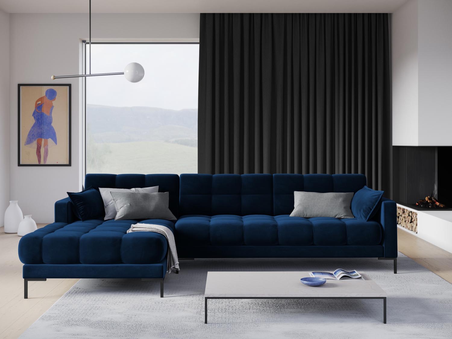 Mamaia Velour Ecksofa links 5 Sitzer in Royal Blue/Schwarz-Bluvel präsentiert im Onlineshop von KAQTU Design AG. L-Sofa links ist von Micadoni