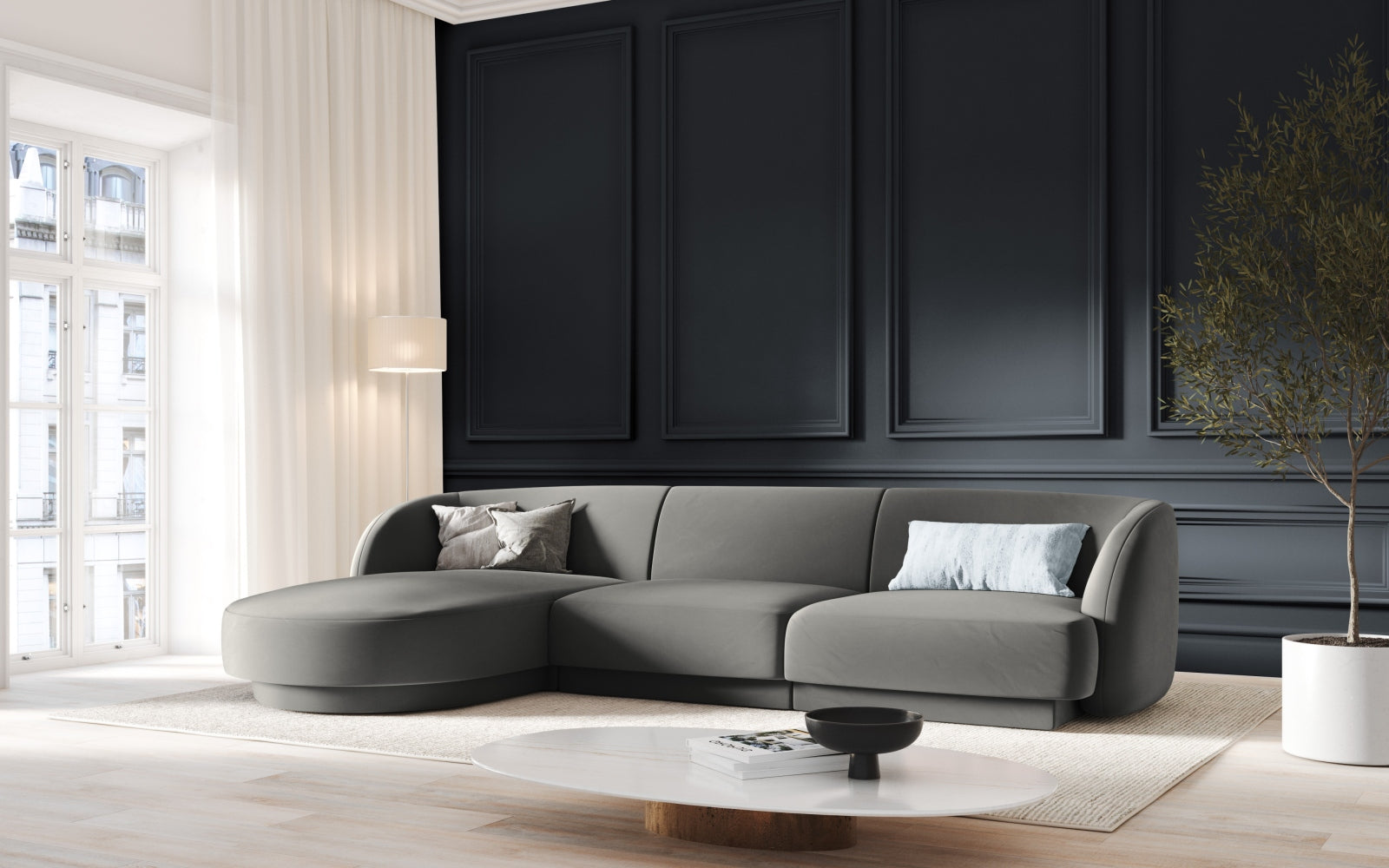 Elegantes Miley Velour Ecksofa links, 4-Sitzer in sanftem Light Grey-Bluvel, ideal für stilvolle Wohnräume.