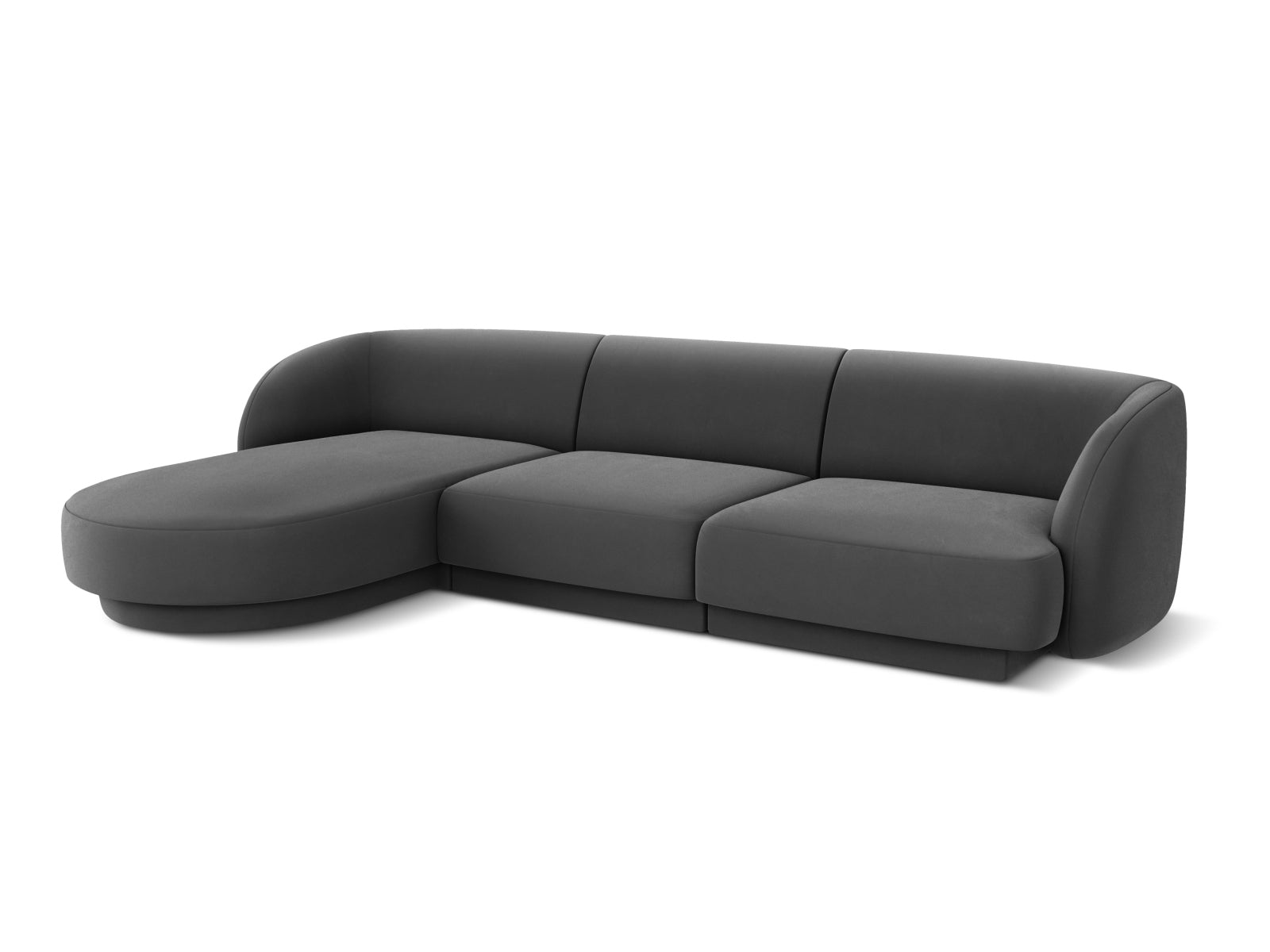 Luxuriöses Miley Velour Ecksofa links in trendigem Grau-Blau, perfekt für stilvolle Wohnzimmer und entspannte Stunden mit Freunden.