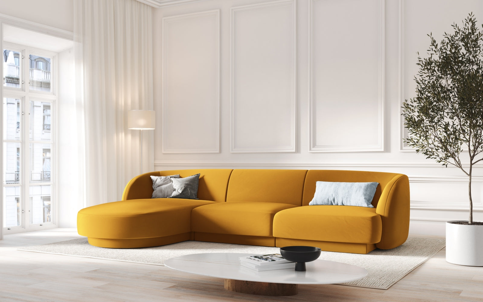 Elegantes Miley Velour Ecksofa in Gelb-Blau, linksseitig, ideal für stilvolle Wohnräume. Komfortables 4-Sitzer Design von Micadoni.