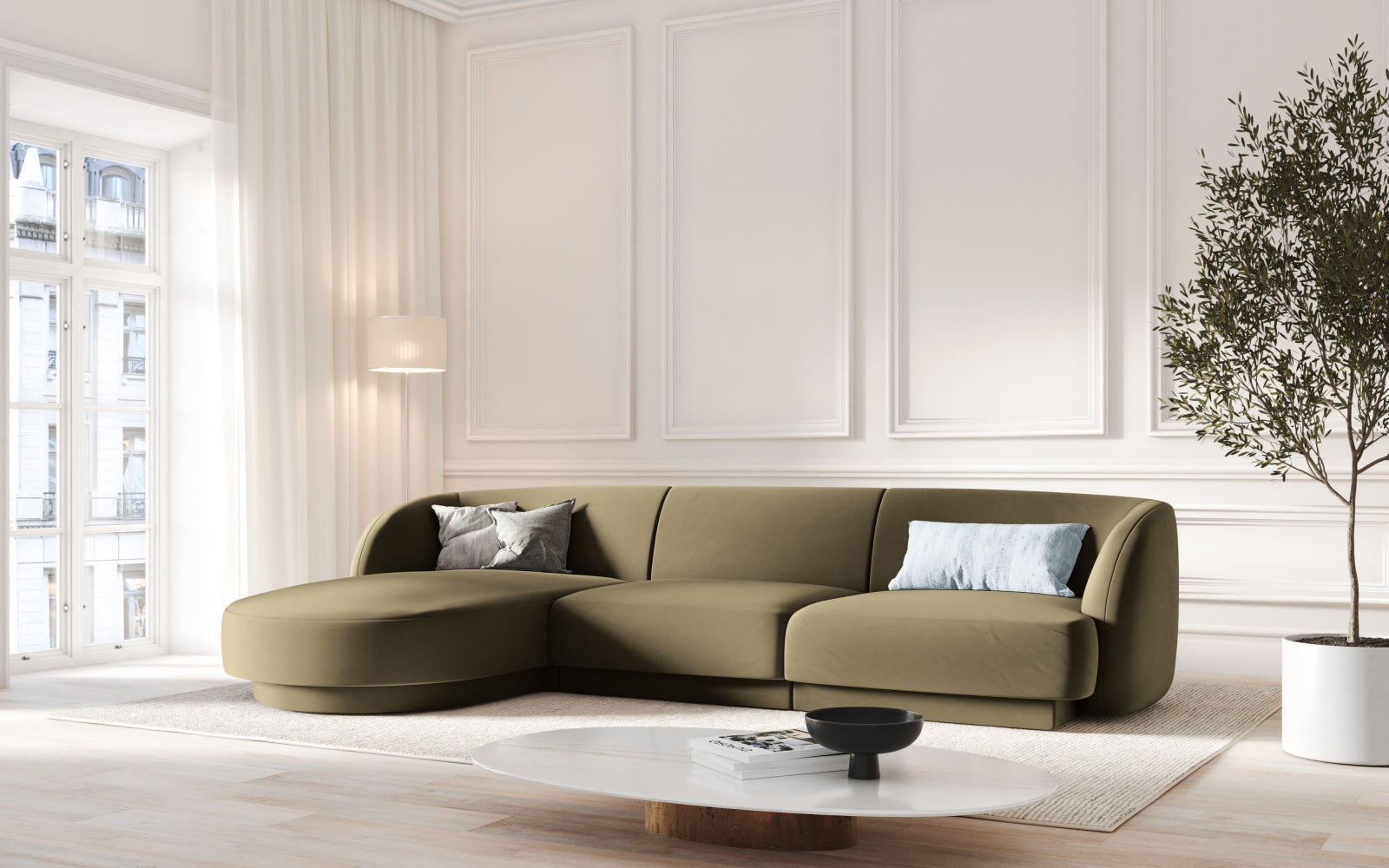 Elegantes Miley Velour Ecksofa links, 4-Sitzer in stilvollem Green-Bluvel, ideal für moderne Wohnräume.