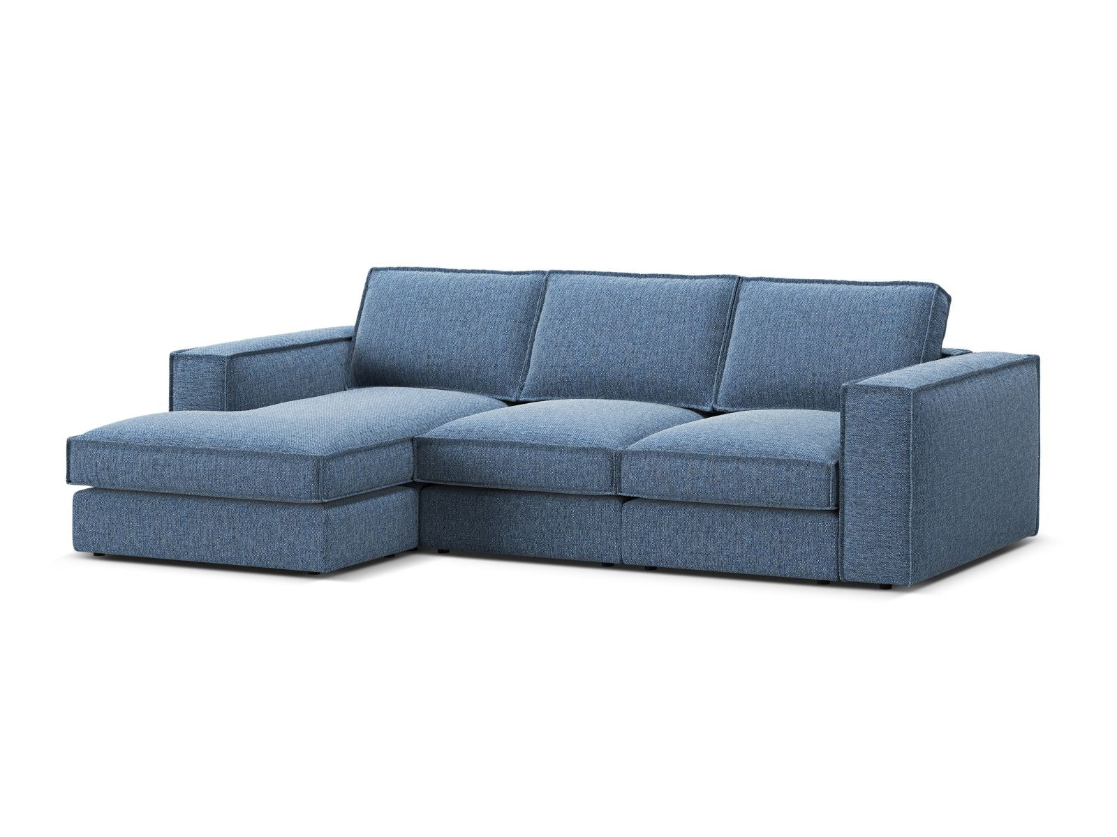 Elegantes, modulares 3-Sitzer Ecksofa Pola in stilvollem Blau, linksseitig, ideal für stilvolle Wohnräume und entspannte Stunden.