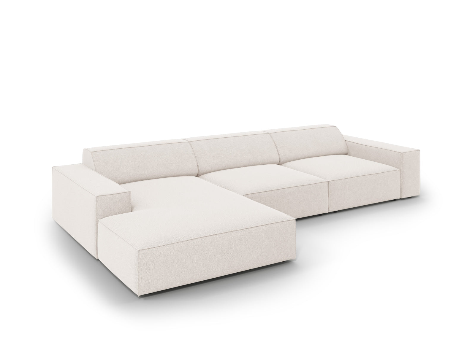 Elegantes, modulares Ecksofa Jodie in hellem Beige, ideal für stilvolle Wohnräume. 4-Sitzer von Micadoni bietet großzügigen Komfort und modernes Design.