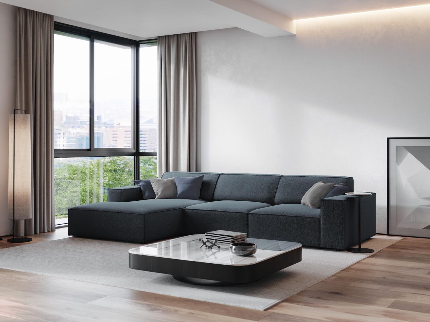 Elegantes, modulares Ecksofa Jodie in Blau, ideal für stilvolle Wohnräume. Komfortables 4-Sitzer-Design von Micadoni.