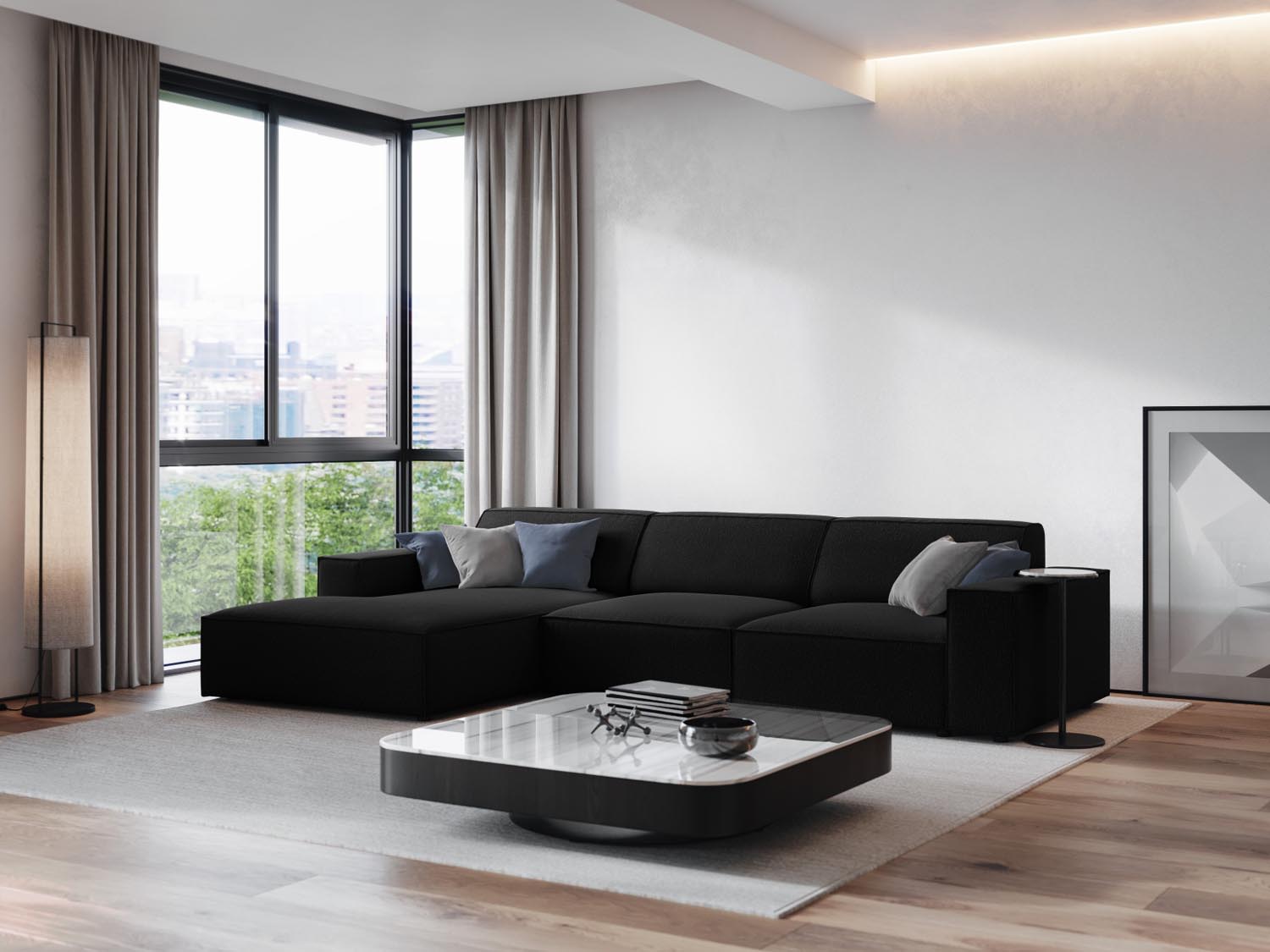 Elegantes, modulares Ecksofa Jodie in Schwarz, ideal für stilvolle Wohnräume. Komfortables 4-Sitzer-Design von Micadoni.