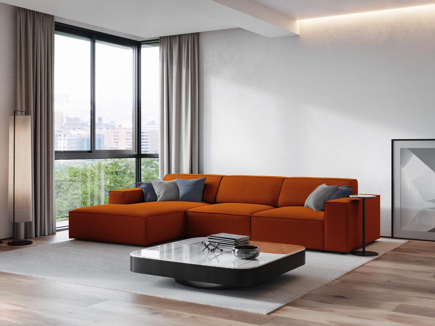 Gemütliches, modulares Ecksofa in Terracotta mit 4 Sitzen, ideal für stilvolle Wohnräume. Perfekte Kombination aus Komfort und Design.