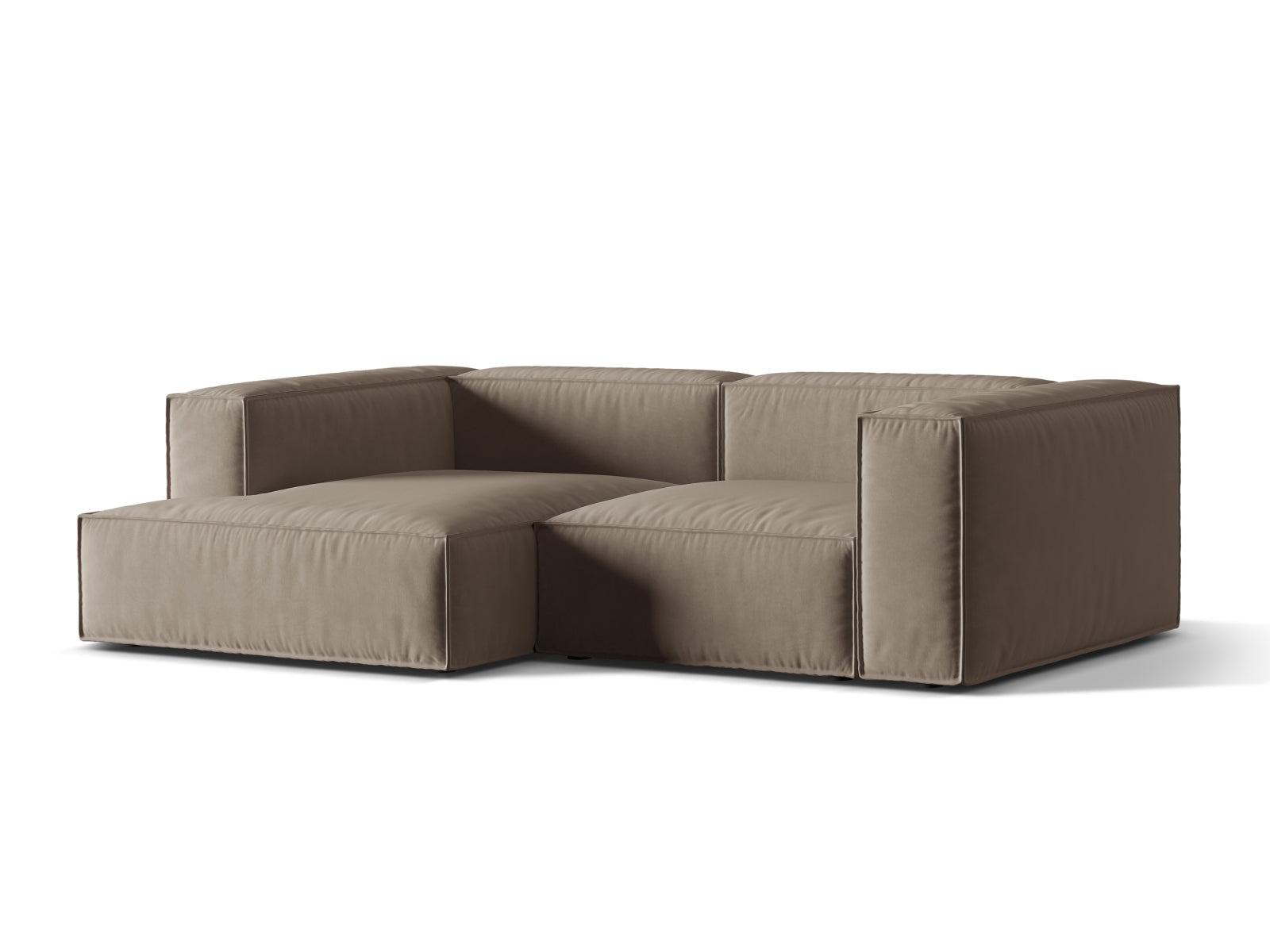 Elegantes Nuria Velour Ecksofa in Warm Grey, linksseitig, ideal für stilvolle Wohnräume. Modular und bequem, perfekt für entspannte Abende.