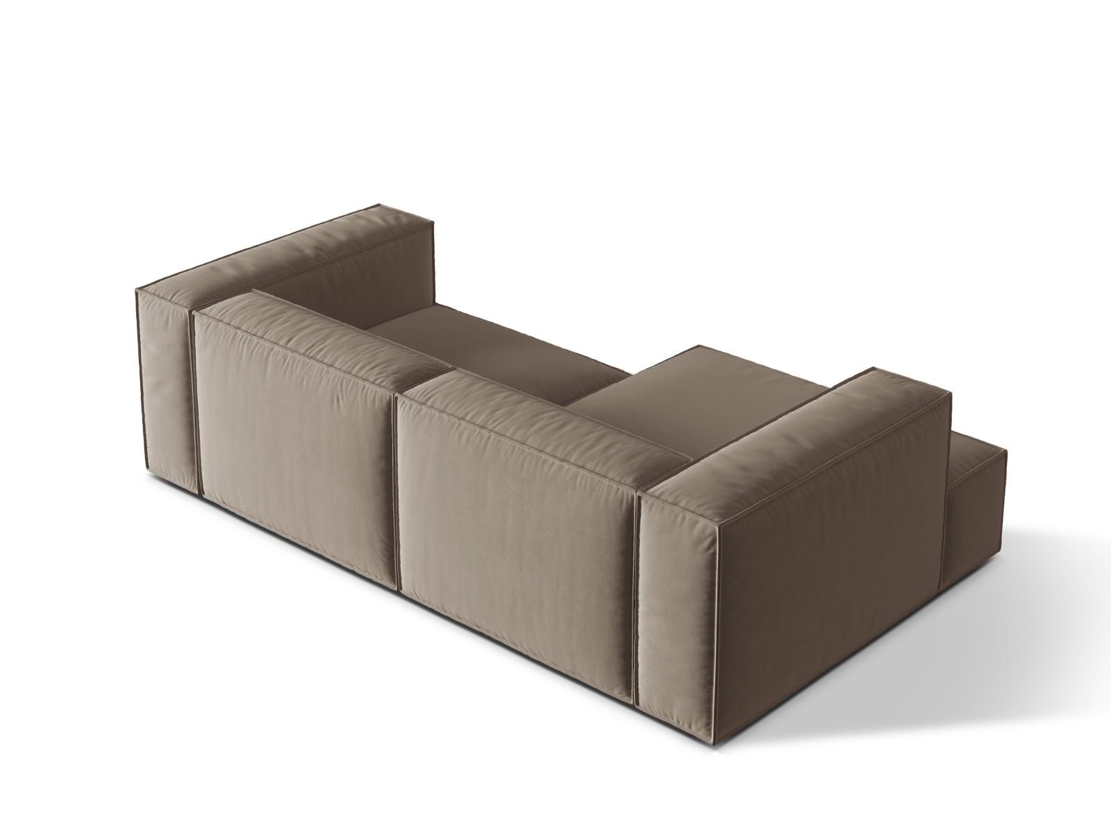Elegantes Nuria Velour Ecksofa in warmem Grau, linksseitig, perfekt für entspannte Stunden und stilvolle Wohnräume.