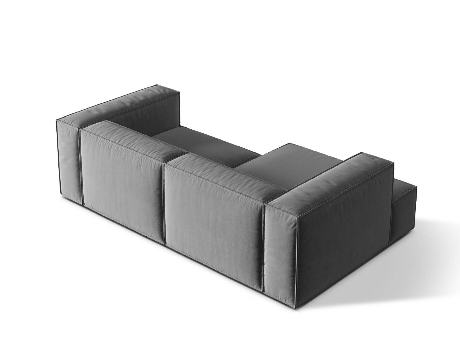 Elegantes, graues Velours Ecksofa Nuria, linksseitig, ideal für stilvolle Wohnräume und entspannte Stunden mit Freunden und Familie.