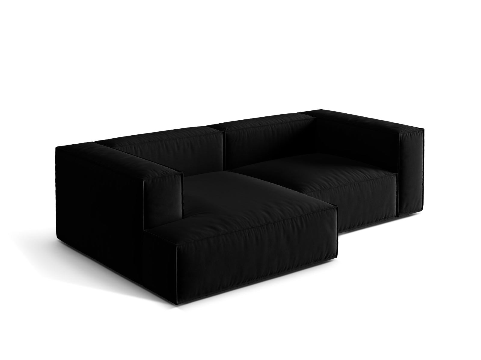 Modulares Nuria Velour Ecksofa in edlem Schwarz, linksseitig, perfekt für moderne Wohnkonzepte. Hochwertige Materialien und stilvolles Design von Micadoni.