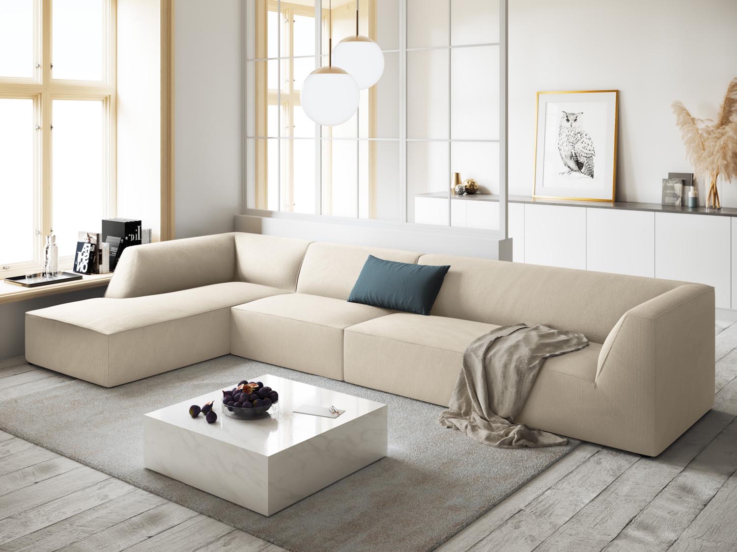 Stylisches Ruby Ecksofa in Light Beige, 5-Sitzer, ideal für moderne Wohnräume, präsentiert in einem eleganten Ambiente.