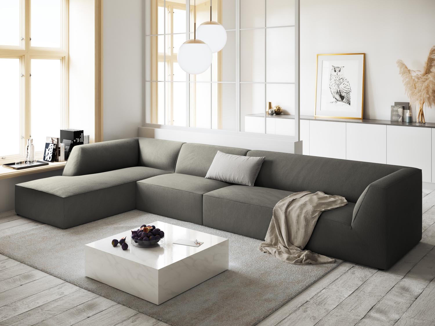 Stylisches Ruby Ecksofa links in modernem Design, ideal für gemütliche Wohnzimmer, präsentiert in elegantem Light Grey-Scala.
