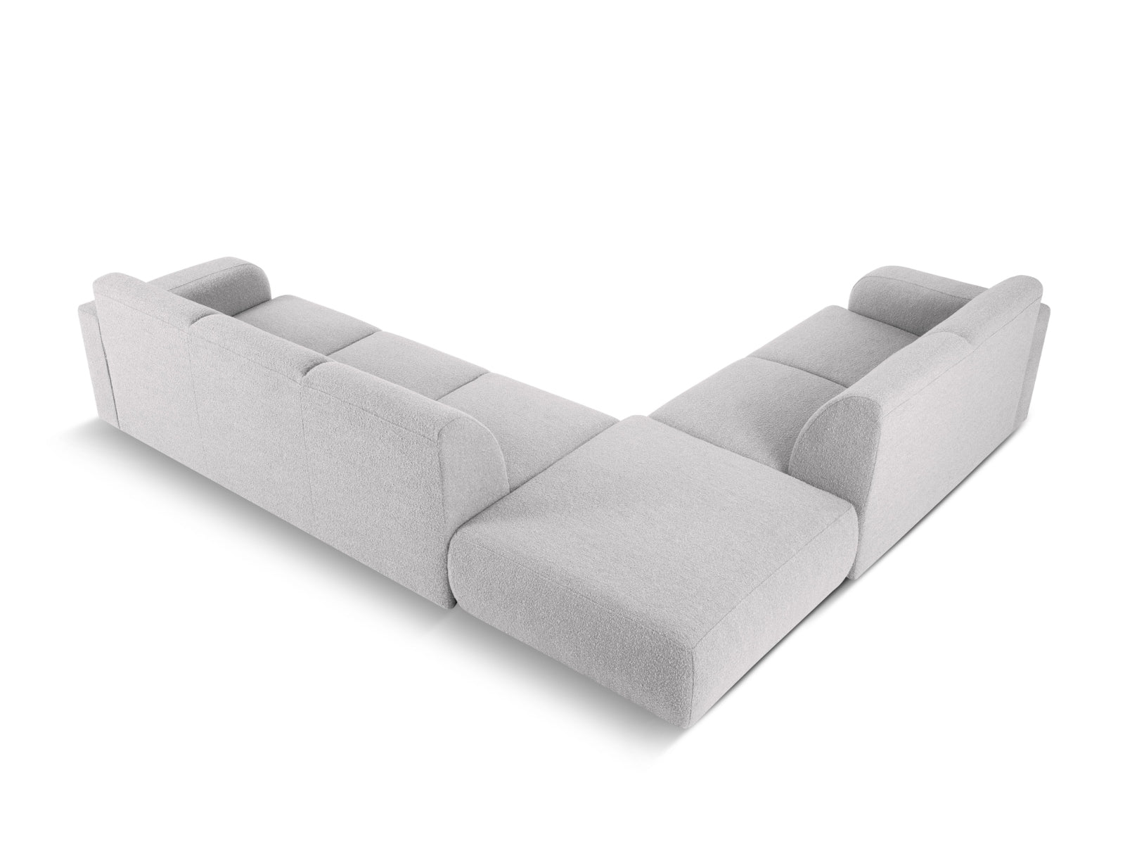 Elegantes linksseitiges Ecksofa Molino Boucle für 6 Personen in sanftem Grau, perfekt für stilvolle und einladende Wohnbereiche.