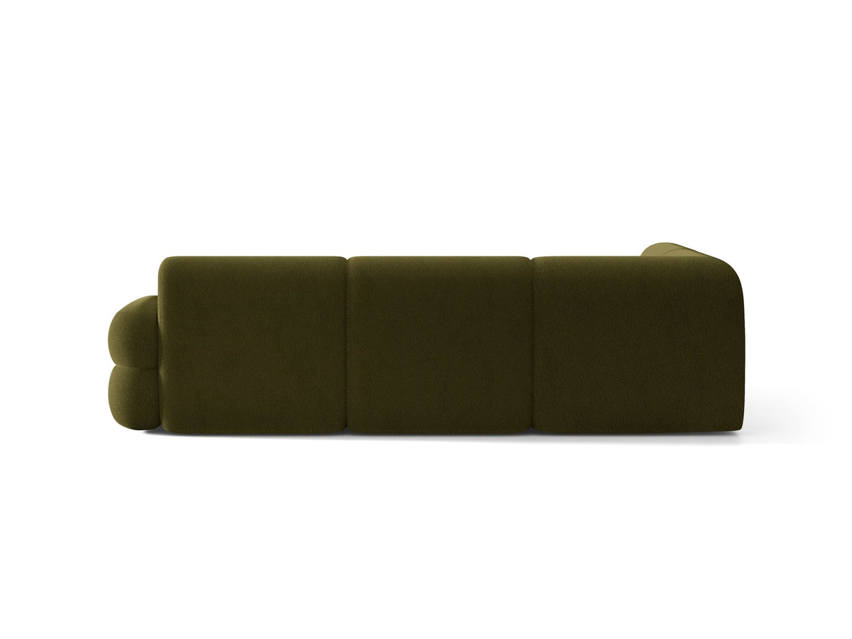 Micadoni Neo Linkes Ecksofa in Dunklem Olivgrün, L-Sofa links mit tiefer Sitzfläche, hoher Rückenlehne und schwarzen Kunststoffbeinen.