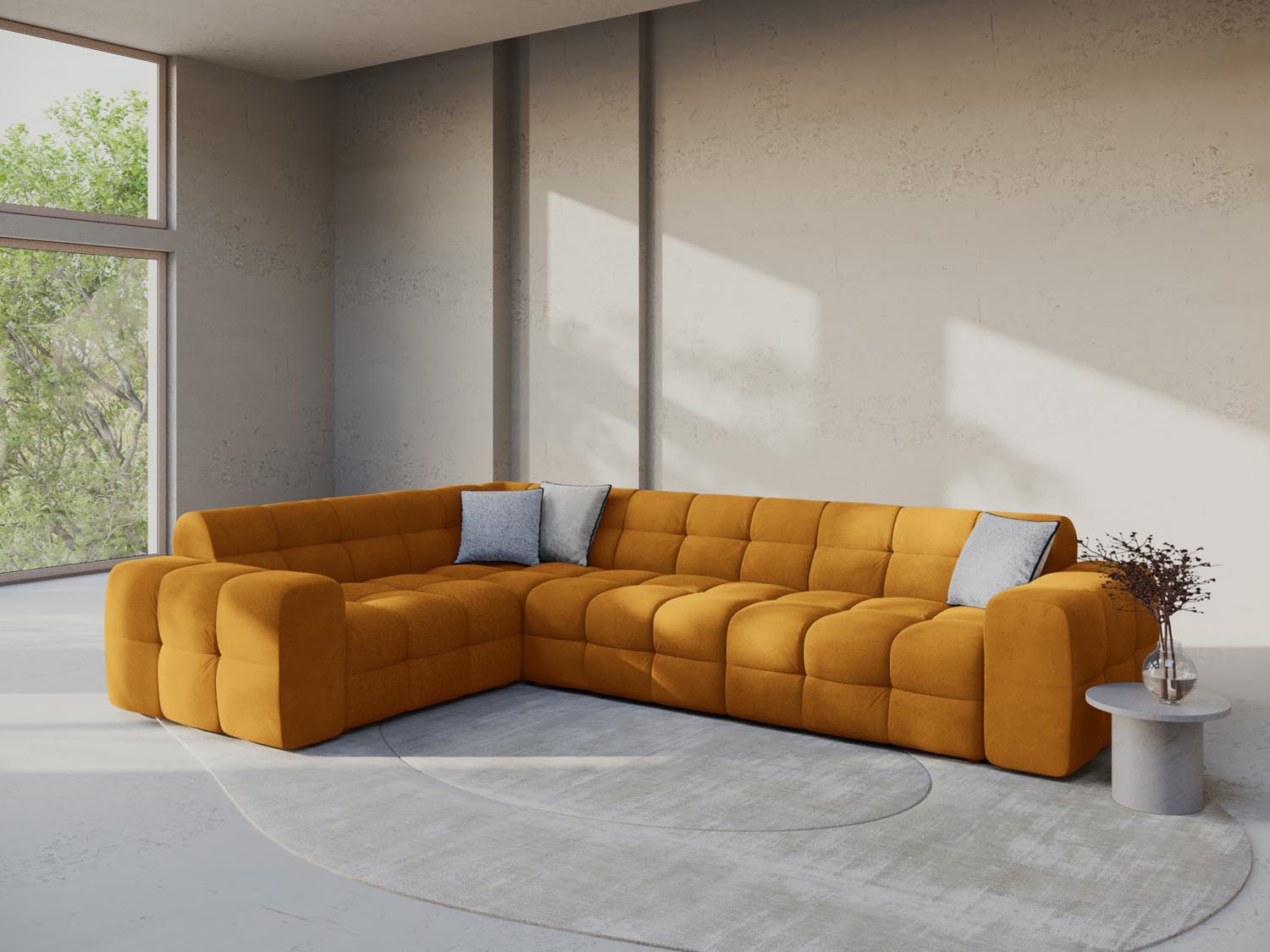 Erleben Sie das Kendal Velour Ecksofa 6 Sitzer von Micadoni – elegantes Design, viel Platz und höchsten Komfort für Ihr Wohnzimmer.