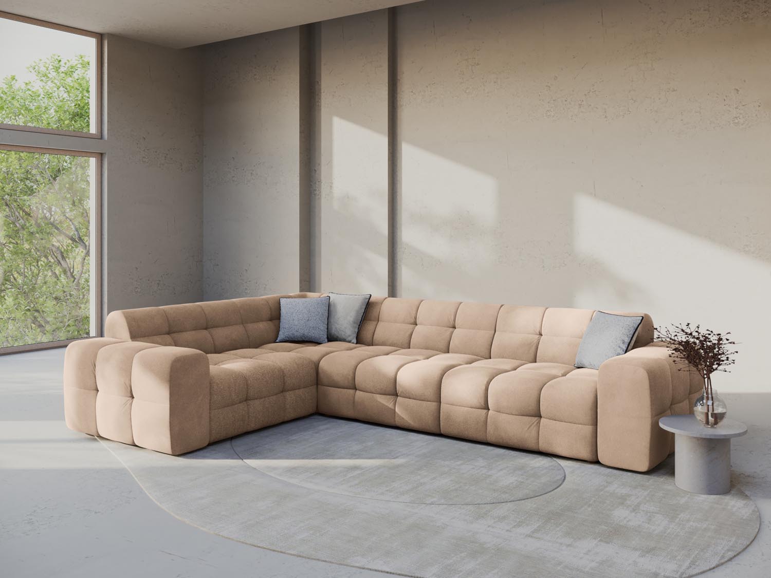 Elegantes Kendal Velour Ecksofa in Almond Beige, ideal für stilvolle Wohnräume. Komfortables 6-Sitzer Design von Micadoni.
