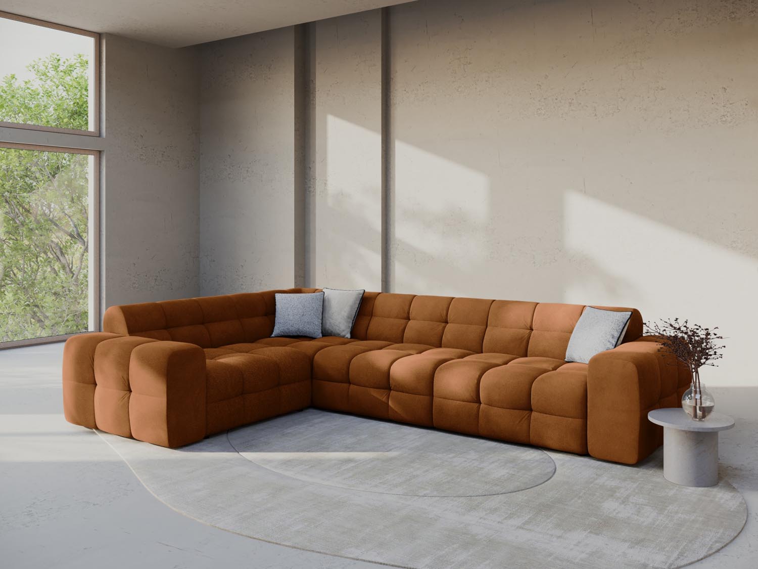 Erleben Sie das Kendal Velour Ecksofa 6 Sitzer von Micadoni – elegantes Design, viel Platz und höchsten Komfort für Ihr Wohnzimmer.