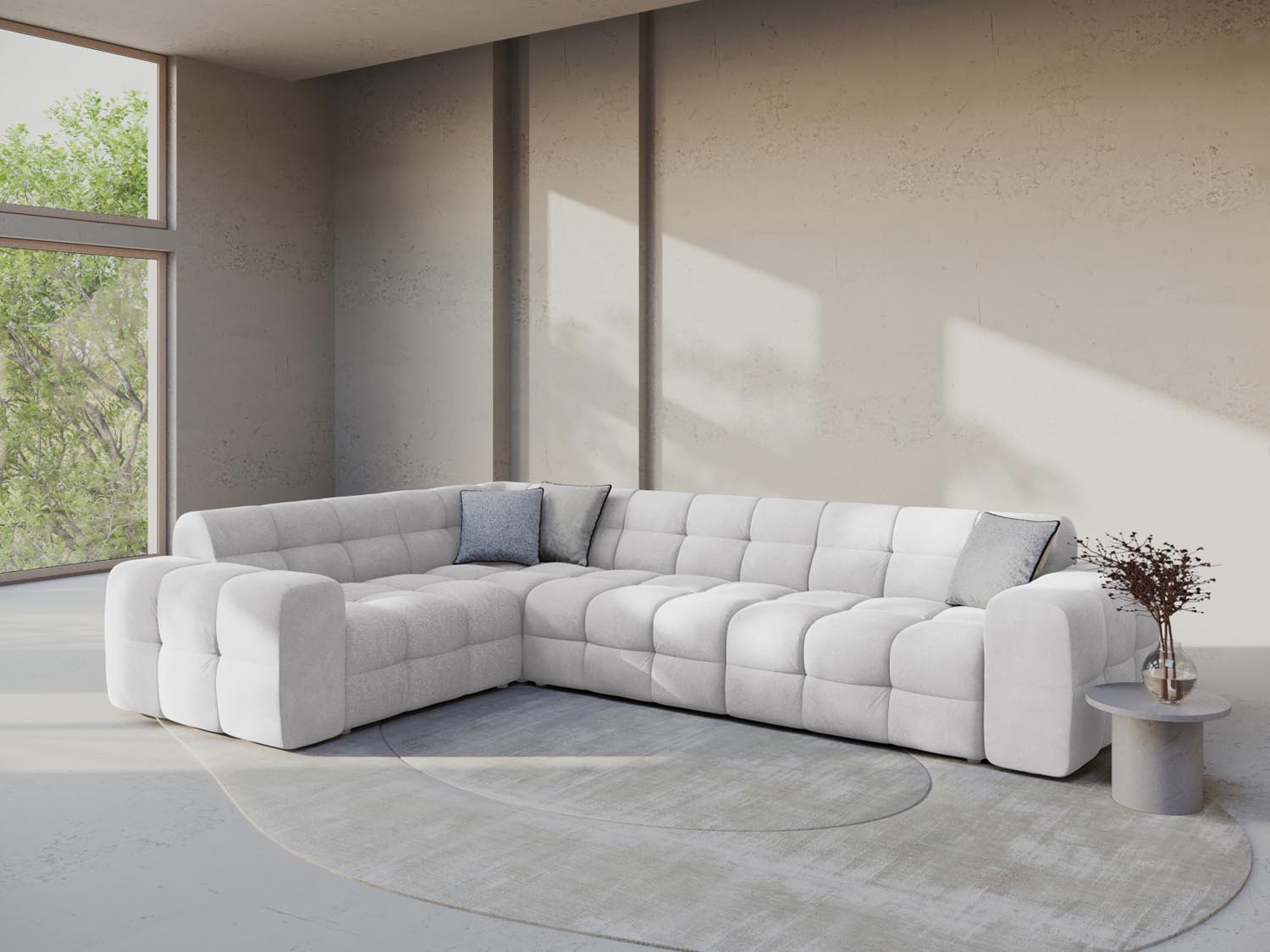 Erleben Sie das Kendal Velour Ecksofa 6 Sitzer von Micadoni – elegantes Design, viel Platz und höchsten Komfort für Ihr Wohnzimmer.