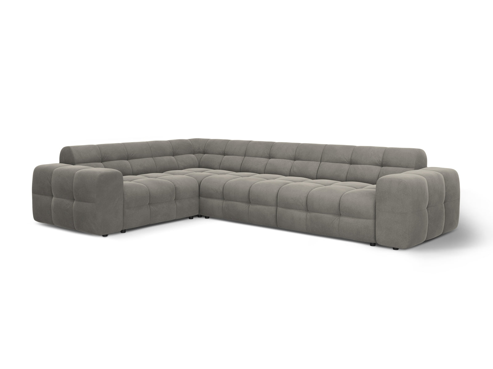 Modernes Kendal Velour Ecksofa in Dunkelgrau, bietet Platz für 6 Personen und verleiht jedem Raum eine elegante Note.