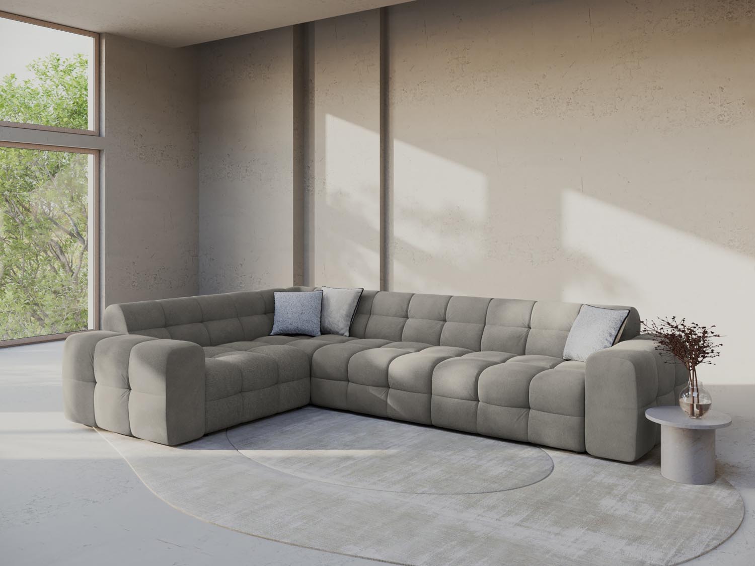 Elegantes Kendal Velour Ecksofa in Dunkelgrau, ideal für stilvolle Wohnräume. Komfortables 6-Sitzer Design von Micadoni.