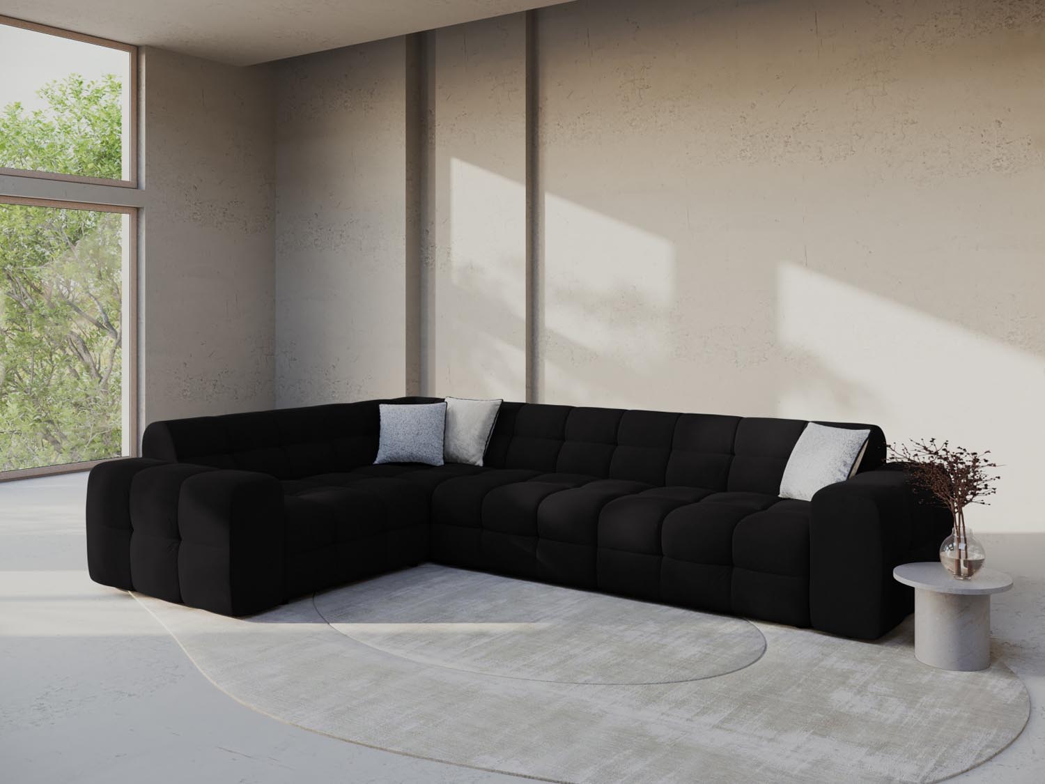 Elegantes Kendal Velour Ecksofa in stilvollem Schwarz, ideal für moderne Wohnräume. Komfortables 6-Sitzer Design von Micadoni.