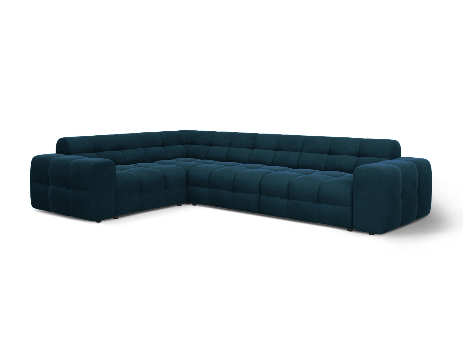 Modernes Kendal Velour Ecksofa in tiefem Blau, 6-Sitzer, linksseitig, perfekt für gemütliche und elegante Wohnambiente von Micadoni.