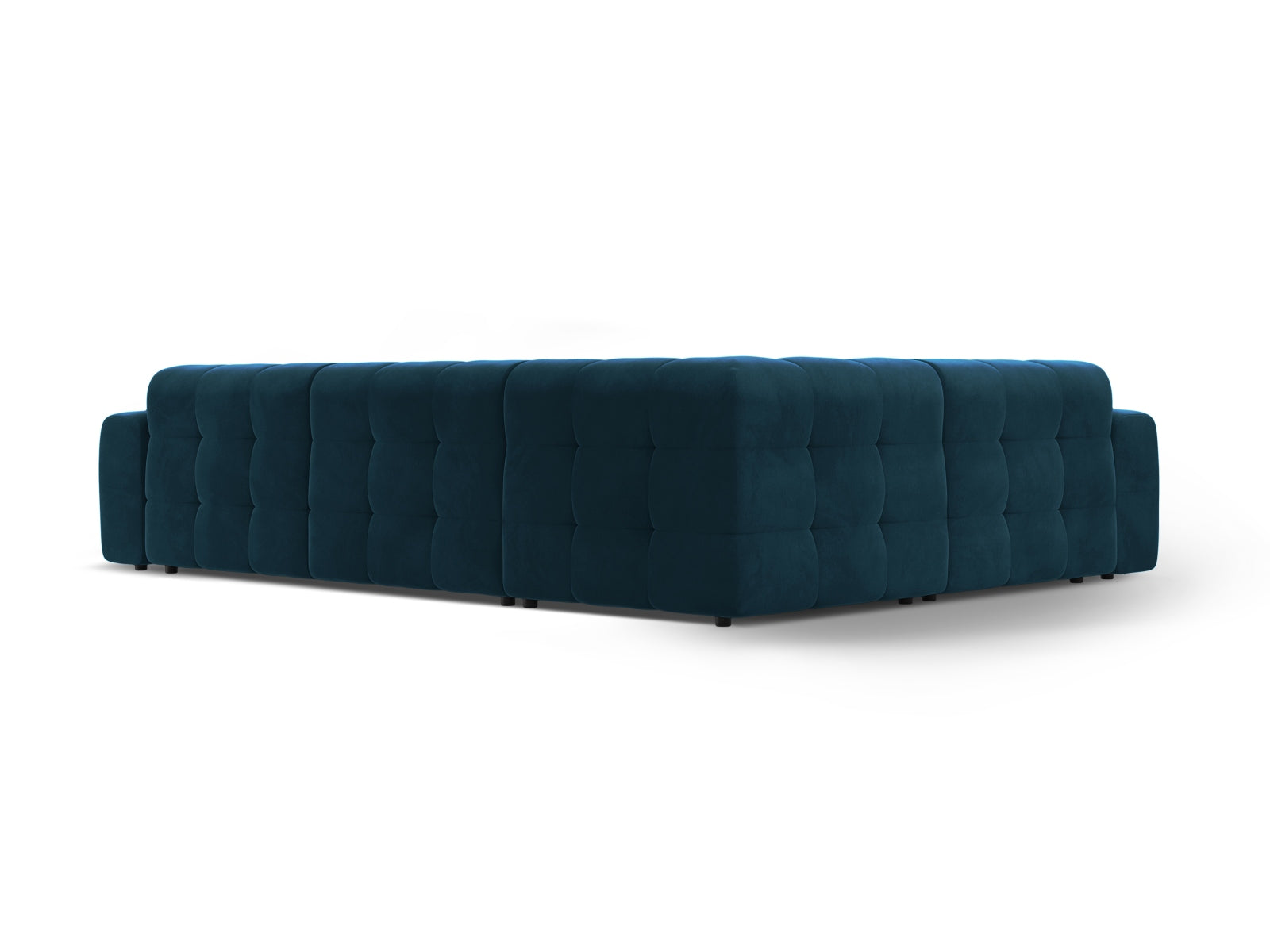 Elegantes Kendal Velour Ecksofa in stilvollem Blau, 6-Sitzer, linksseitig, ideal für komfortable und stilvolle Wohnräume von Micadoni.