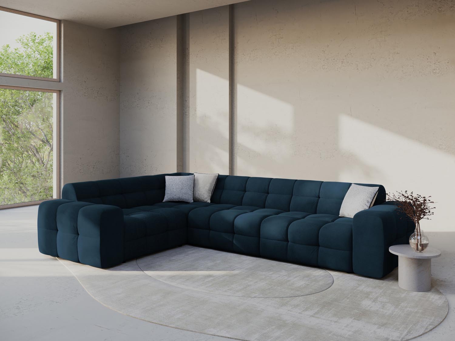 Elegantes Kendal Velour Ecksofa in Navy Blue, 6-Sitzer, linksseitig, ideal für stilvolle Wohnräume, präsentiert von Micadoni.