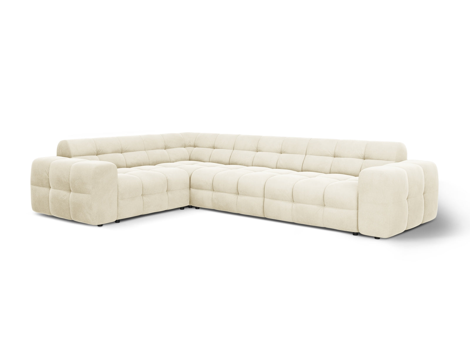 Modernes Kendal Velour Ecksofa in sanftem Ivory, bietet Platz für 6 Personen und verleiht jedem Raum eine elegante Note.