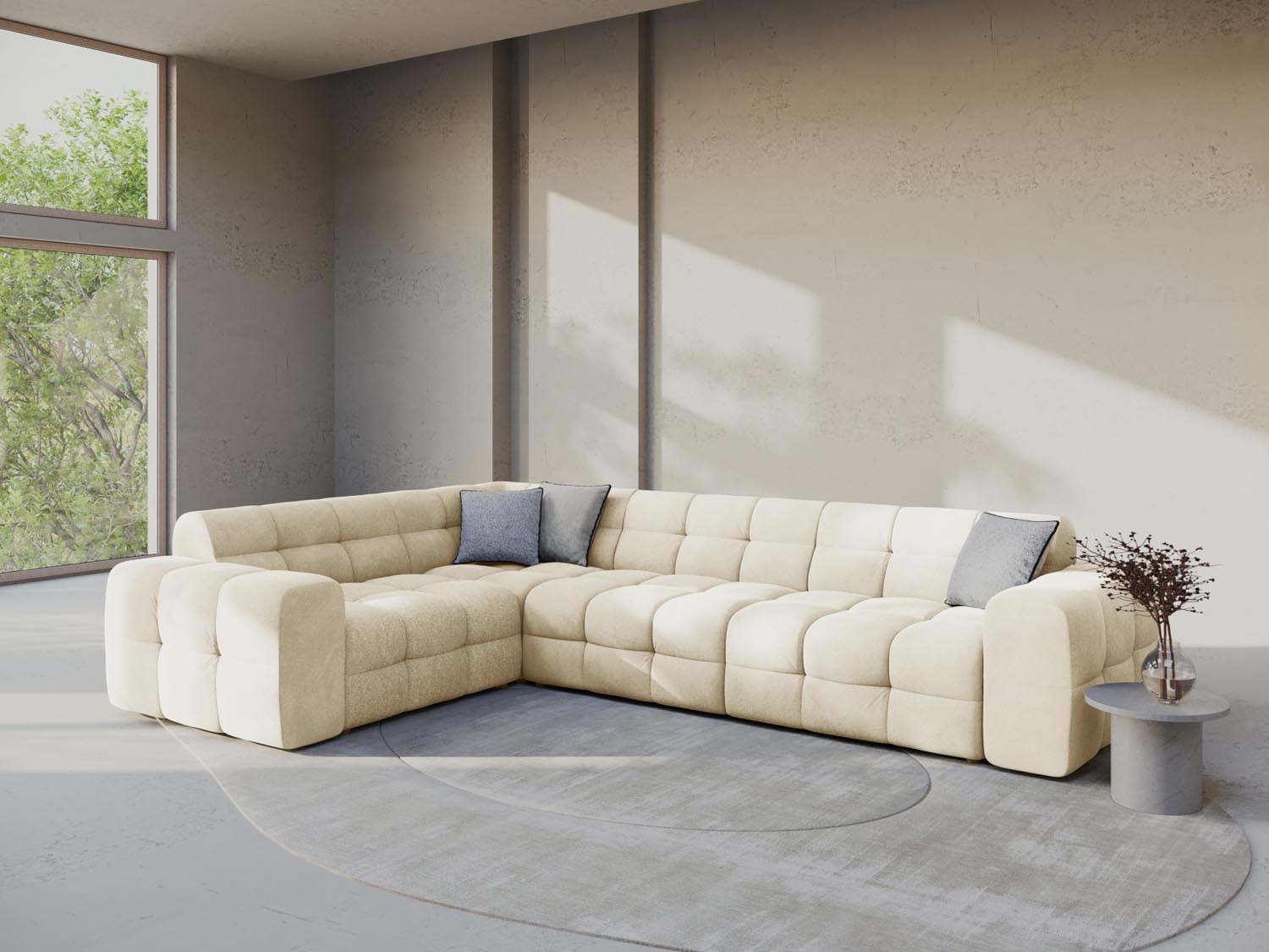Elegantes Kendal Velour Ecksofa in Ivory, ideal für stilvolle Wohnräume. Komfortables 6-Sitzer Design von Micadoni.