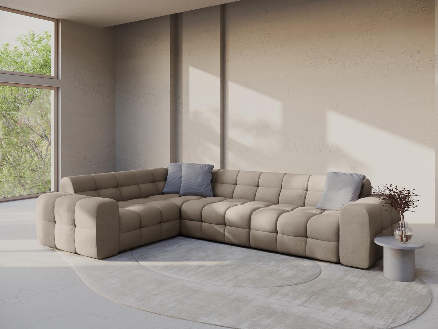 Gemütliches Kendal Ecksofa links für 6 Personen in elegantem Dunkelbeige, ideal für stilvolle Wohnräume und entspannte Abende.