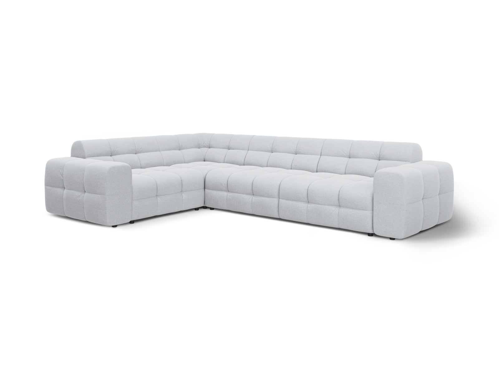 Elegantes Kendal Ecksofa links für bis zu 6 Personen in sanftem Grau, perfekt für stilvolle Wohnzimmer und entspannte Zusammenkünfte.