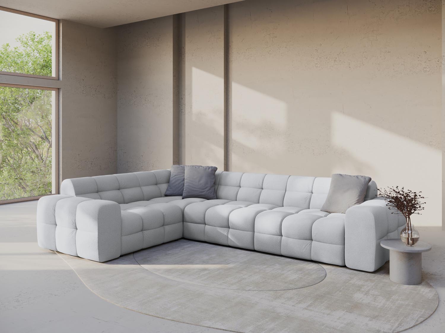 Stylisches Kendal Ecksofa links für 6 Personen in hellem Grau, ideal für moderne Wohnräume und gemütliche Abende.