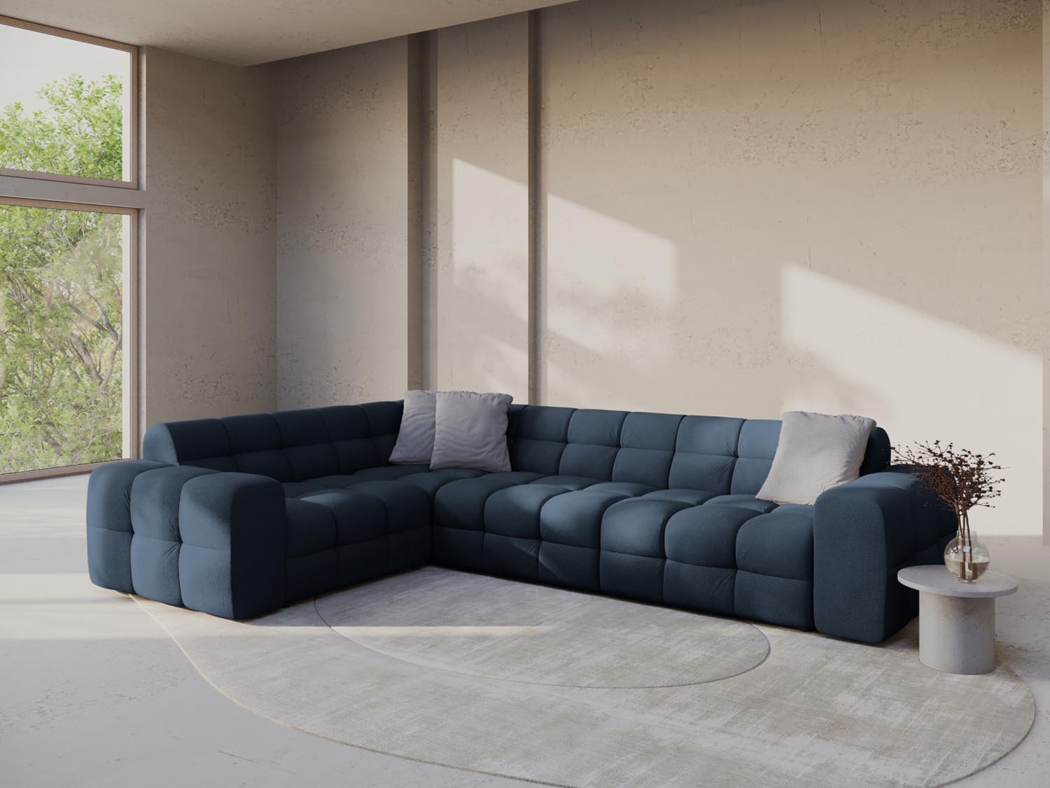 Stylisches Kendal Ecksofa links für 6 Personen in Navy Blue-Ottawa, ideal für moderne Wohnräume und gemütliche Abende.
