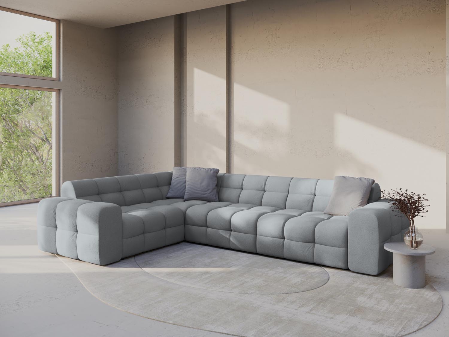 Elegantes Kendal Ecksofa links für 6 Personen in stilvollem Platinum-Ottawa, ideal für moderne Wohnräume und gemütliche Abende.