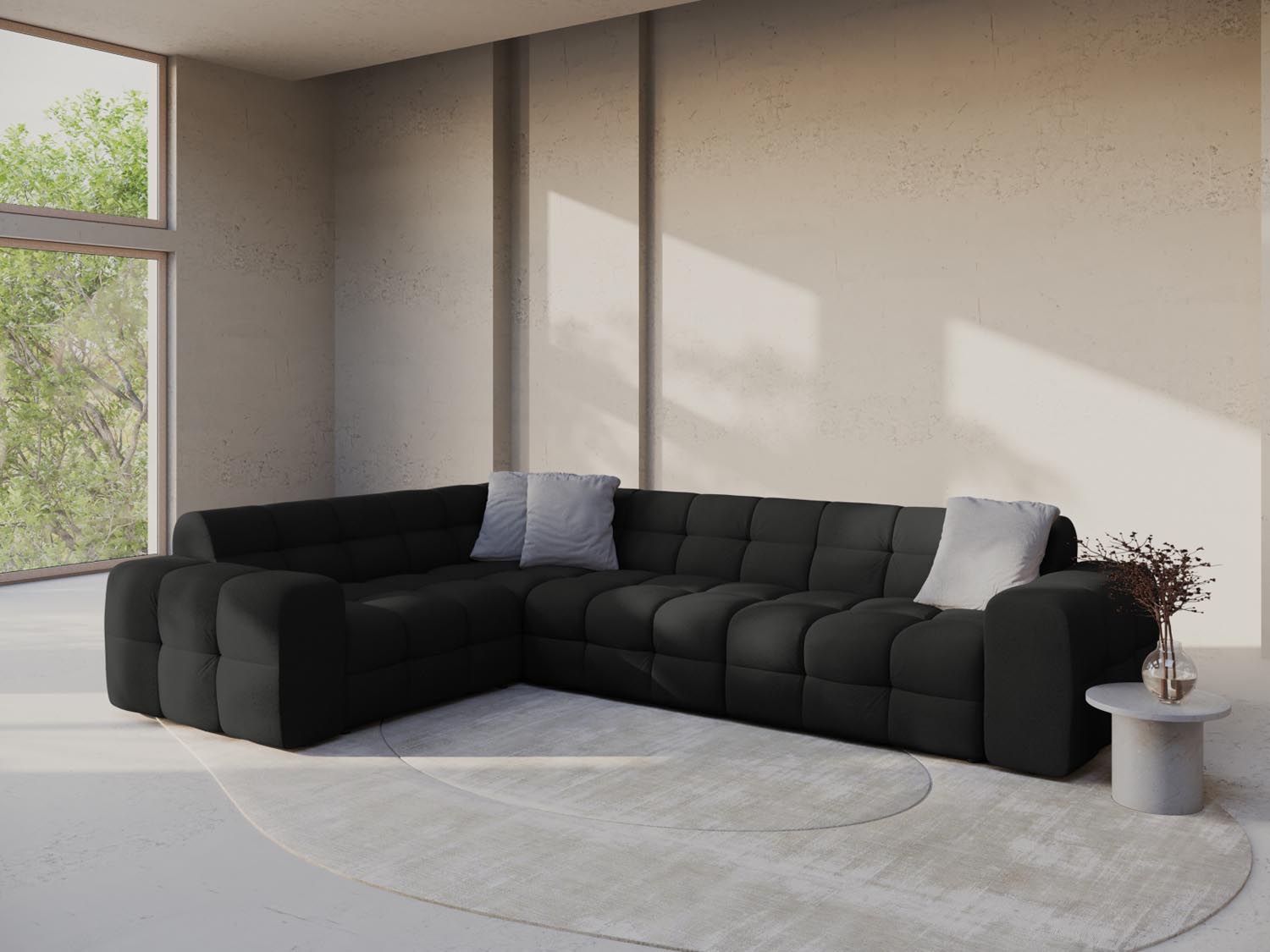 Stylisches Kendal Ecksofa links für 6 Personen in elegantem Schwarz, ideal für moderne Wohnräume und gemütliche Abende.