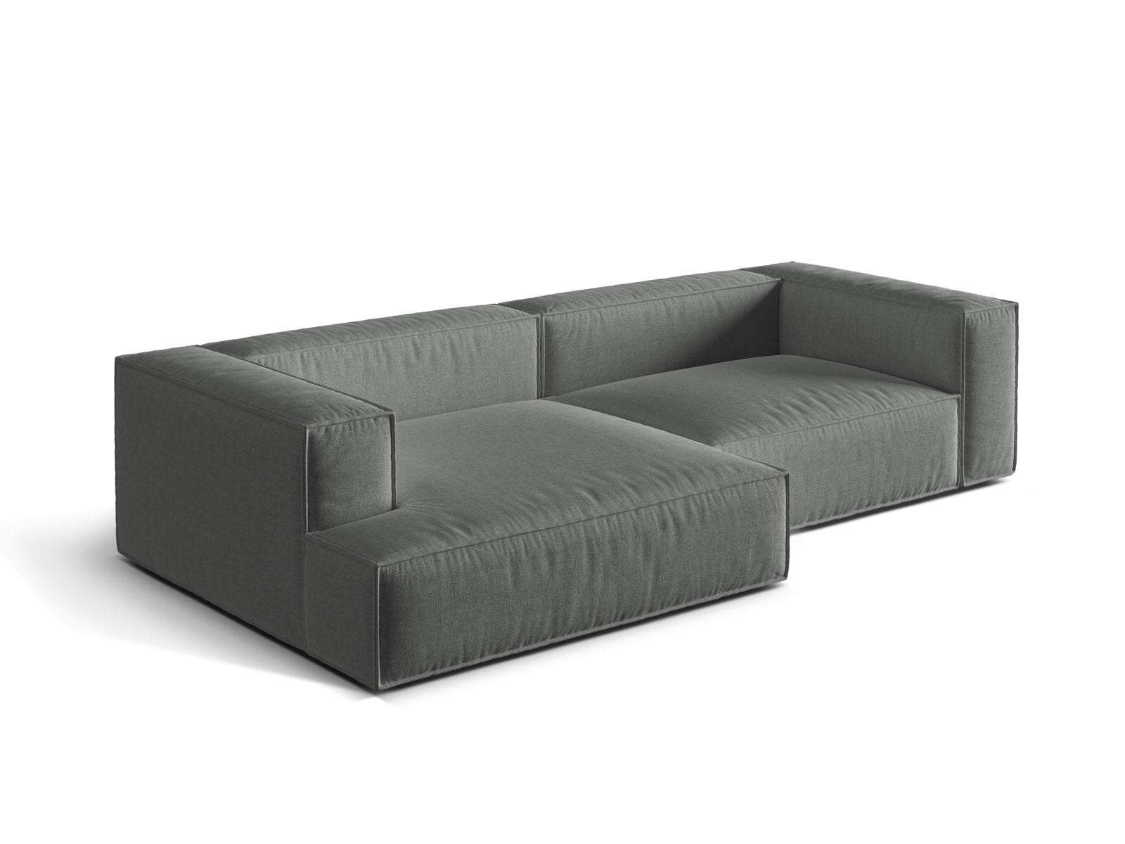 Modulares 4-Sitzer Ecksofa links Nuria in zeitgemäßem Grau, ideal für komfortable und stilvolle Wohnräume.