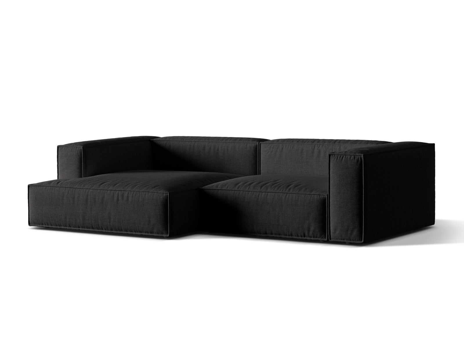 Modulares 4-Sitzer Ecksofa links Nuria in elegantem Schwarz, ideal für stilvolle Wohnräume, präsentiert von Micadoni.