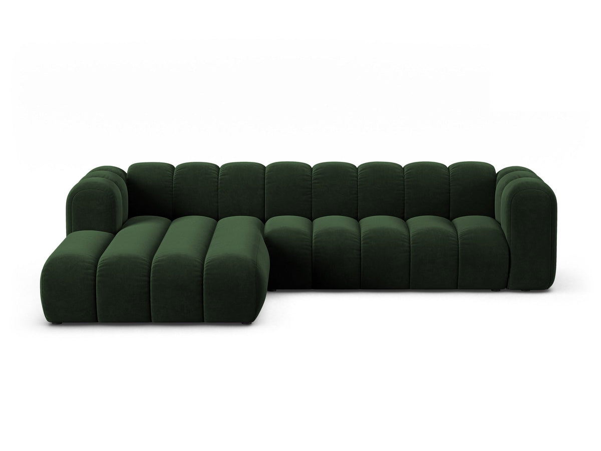 Lupines Ecksofa links von Micadoni in Beige mit Venus-Samtstoff, schwarzen Kunststoffbeinen und L-förmigem Design, Masse 290x177x70cm.