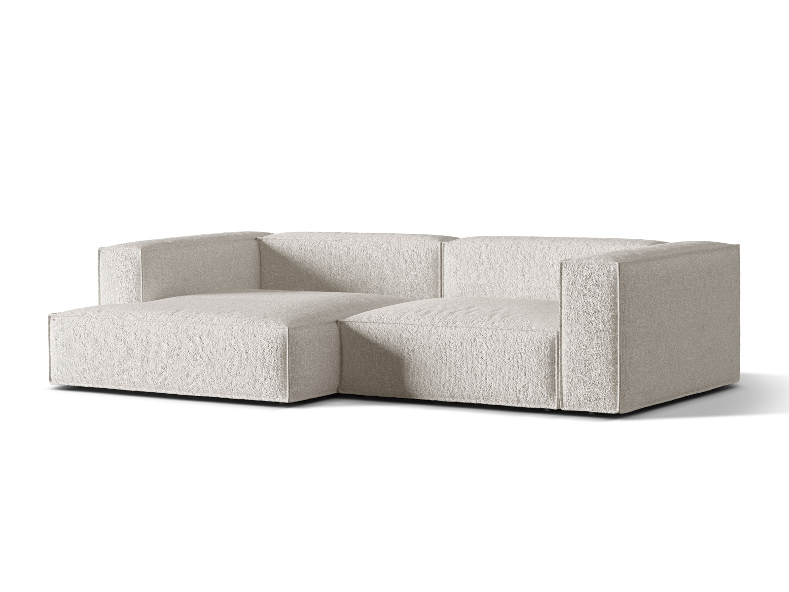 Stylisches Nuria Boucle Ecksofa in Grau-Beige, modular und linksseitig, ideal für moderne Wohnräume. 4-Sitzer von Micadoni.