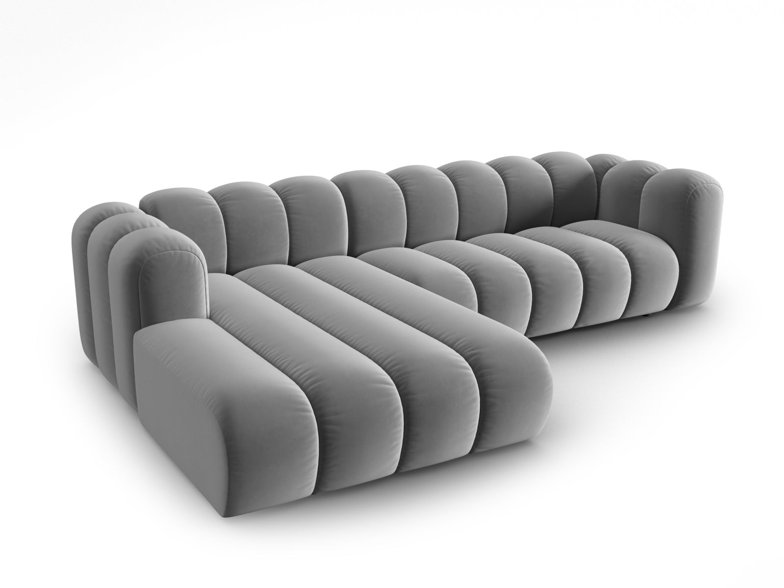 Erleben Sie das Lupine Velour Ecksofa links 4 Sitzer von Micadoni – ein modulares, elegantes Sofa, das Komfort und Stil in Ihr Wohnzimmer bringt.