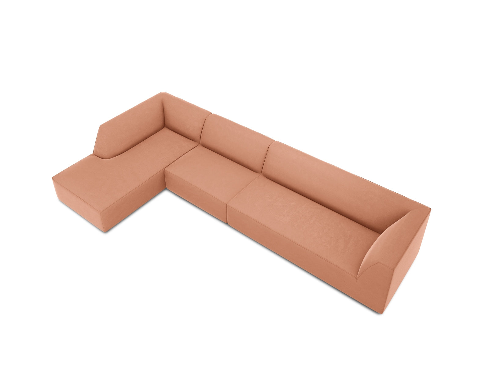 Elegantes, modulares 5-Sitzer Ecksofa in luxuriösem Ruby Velour, linksseitig, ideal für stilvolle und einladende Wohnbereiche.