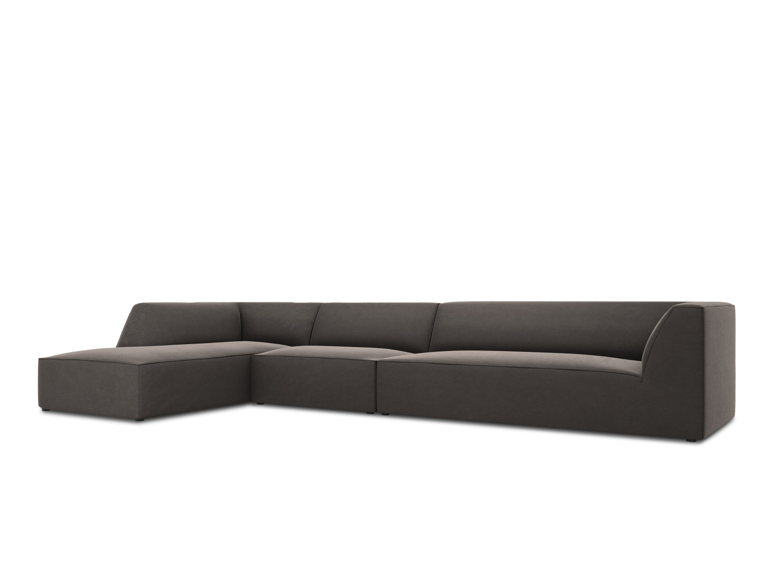 Elegantes, modulares 5-Sitzer Ecksofa in luxuriösem Ruby Velour, linksseitig, ideal für stilvolle Wohnräume und entspannte Stunden.