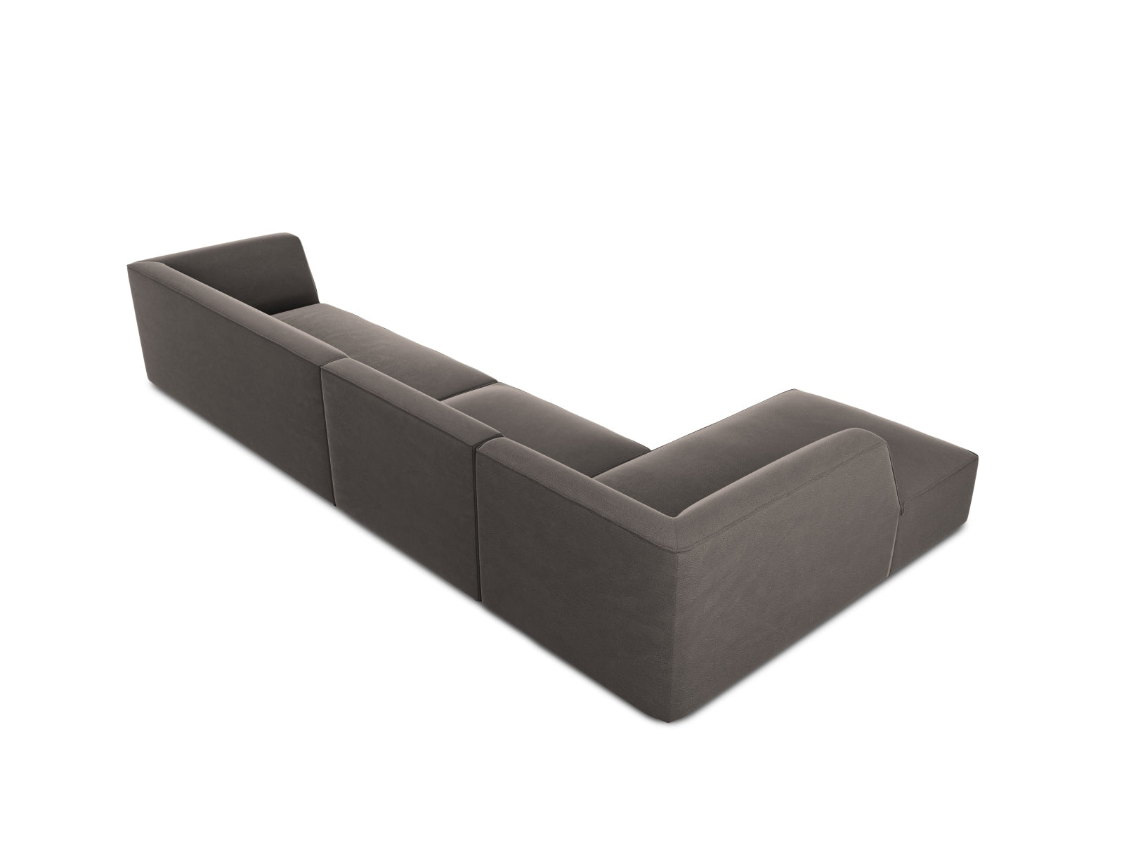 Modulares 5-Sitzer Ecksofa in edlem Ruby Velour, linksseitig, perfekt für moderne Wohnkonzepte und gemütliche Abende.