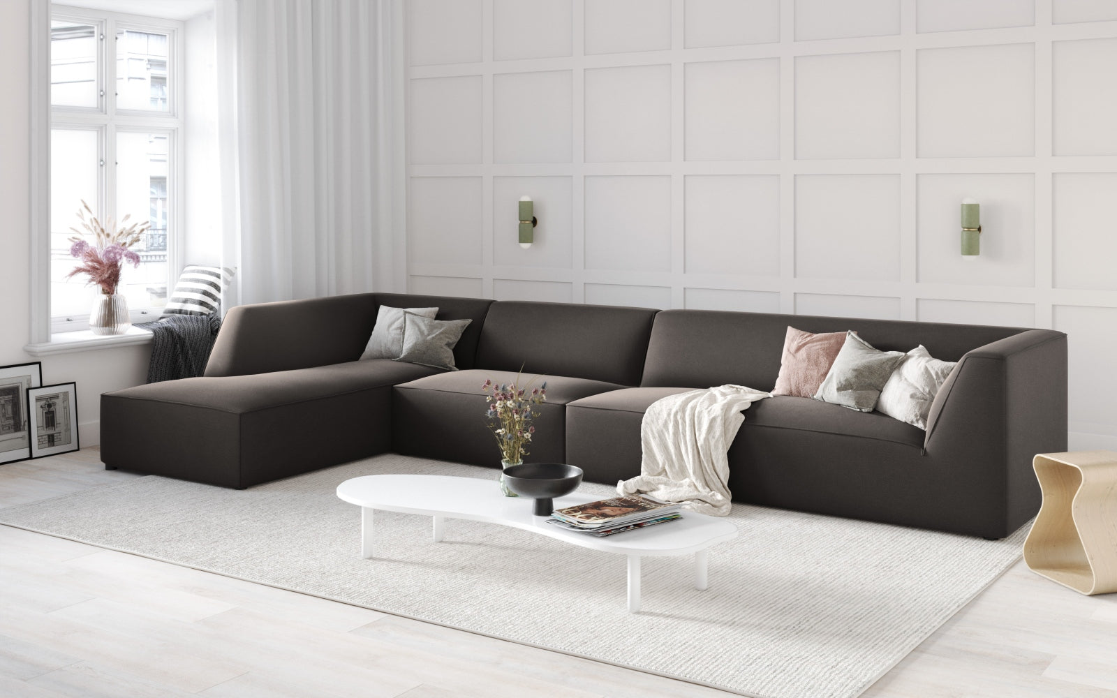 Elegantes Ruby Velour Ecksofa in Dunkelgrau, 5-Sitzer, modulares Design von Micadoni, ideal für stilvolle Wohnräume.
