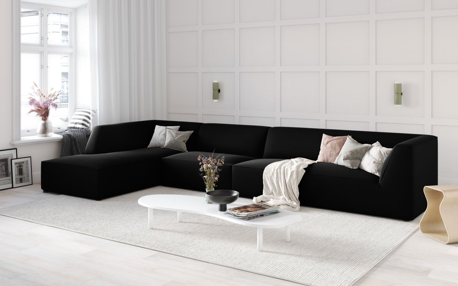 Entdecken Sie das stilvolle Ruby Velour Ecksofa links 5 Sitzer von Micadoni – ideal für Komfort und Eleganz in Ihrem Wohnzimmer.
