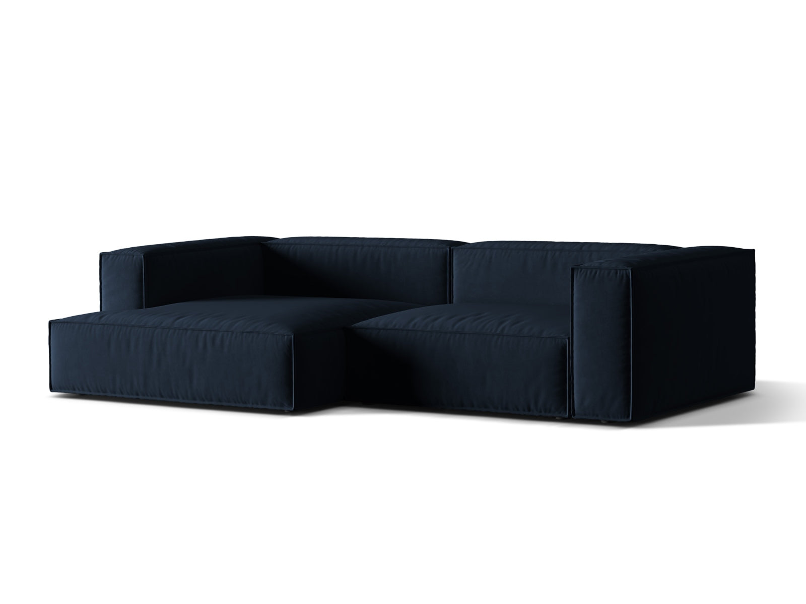 Elegantes Nuria Velour Ecksofa in Dunkelblau, modular und linksseitig, ideal für stilvolle Wohnräume. 4-Sitzer von Micadoni.